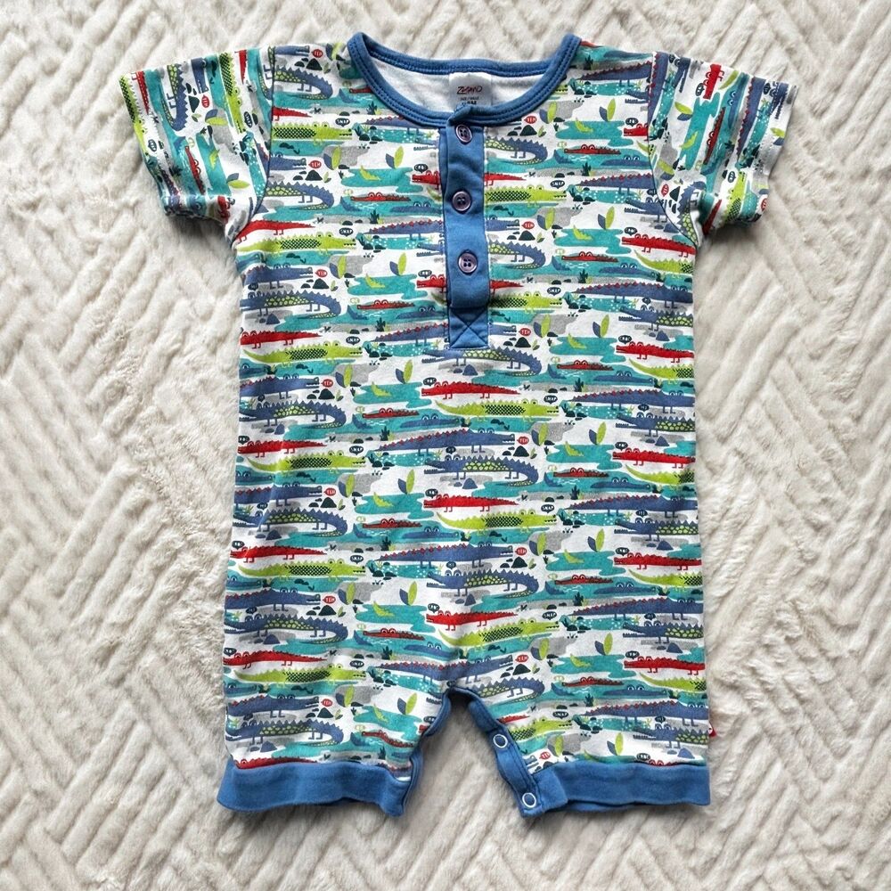 Zutano 18M Alligator Print Romper Blue Trim Snap Short Sleeve Outfit